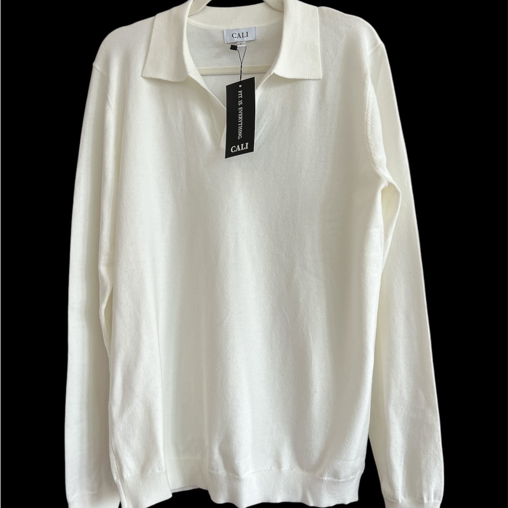 CALI White Long Sleeve Polo Sweater